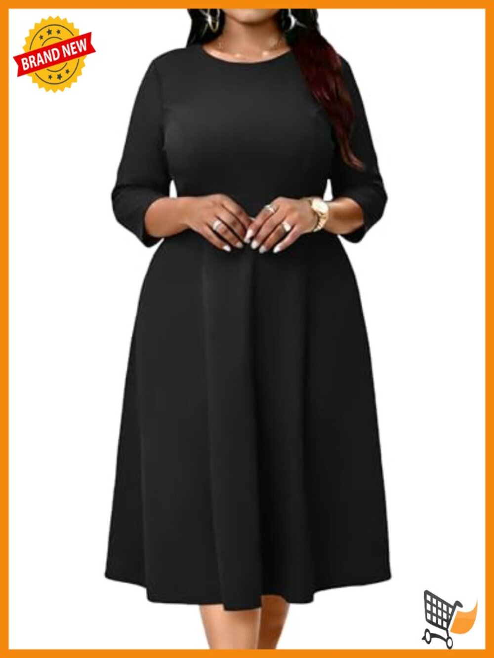 Plus Size Midi Dress Classy High Waist A-Line Swing 3/4 Sleeve Wedding Guest